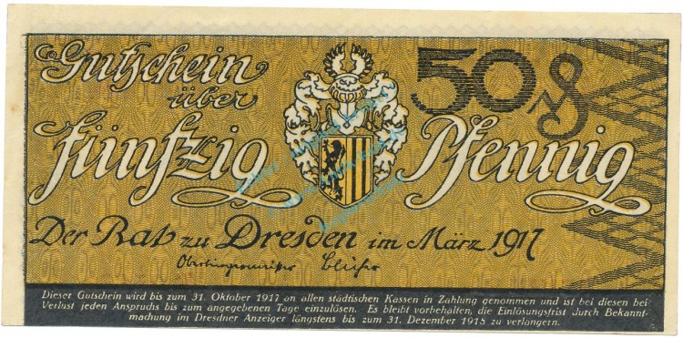 Dresden , Notgeld 50 Pfennig Schein unc-kfr. Tieste 1475.255.01 S o.D. Verkehrsausgabe -4099-