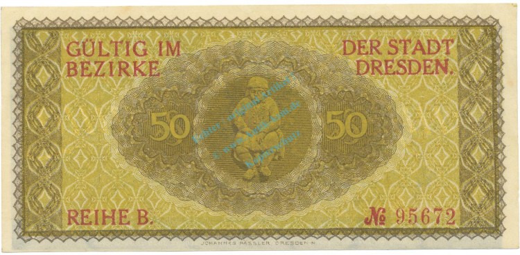 Dresden , Notgeld 50 Pfennig Schein unc-kfr. Tieste 1475.255.01 S o.D. Verkehrsausgabe -4099-