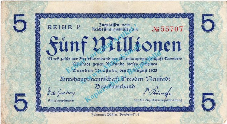Dresden , Notgeld 5 Millionen Mark Schein in gbr. Keller 1121... von 1923 , Sachsen 1923 Inflation