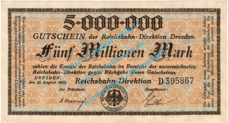 Dresden , Notgeld 5 Millionen Mark Schein in L-gbr. Bühn 1197.6 , Sachsen 1923 Inflation