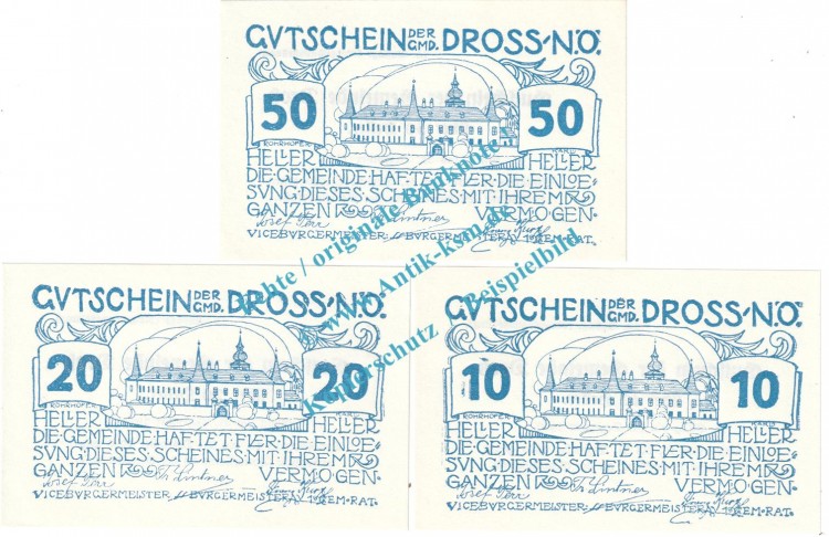 Dross , Notgeld Set mit 3 Scheinen in kfr. K-K 135.j , Niederösterreich o.D.