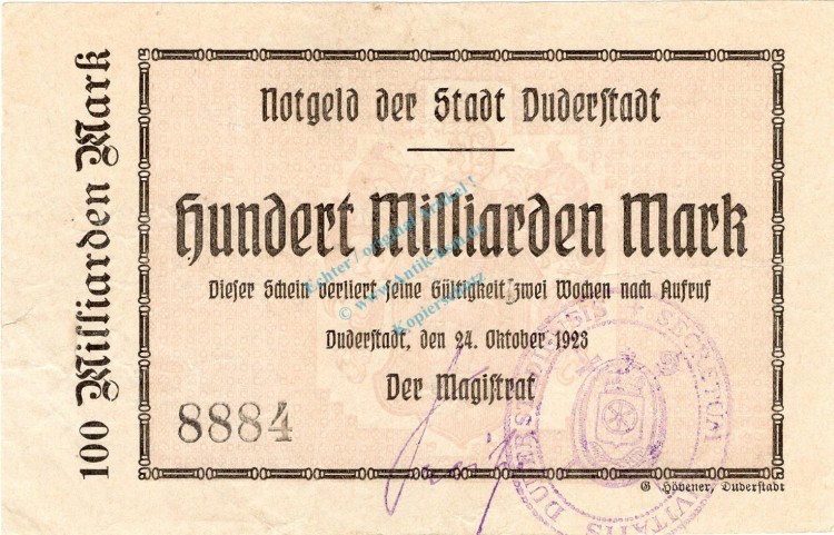 Duderstadt , Banknote 100 Milliarden Mark Schein gbr. Keller 1127.b , Niedersachsen 1923 Inflation