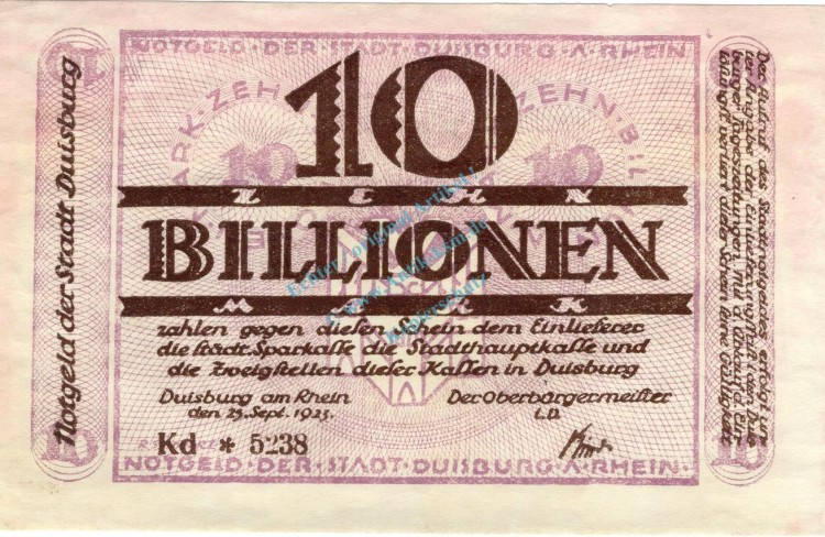Duisburg , Banknote 10 Billionen Mark Schein unc-kfr. Keller 1179.q , Rheinland 1923 Inflation