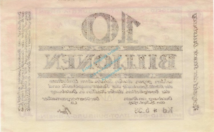 Duisburg , Banknote 10 Billionen Mark Schein unc-kfr. Keller 1179.q , Rheinland 1923 Inflation