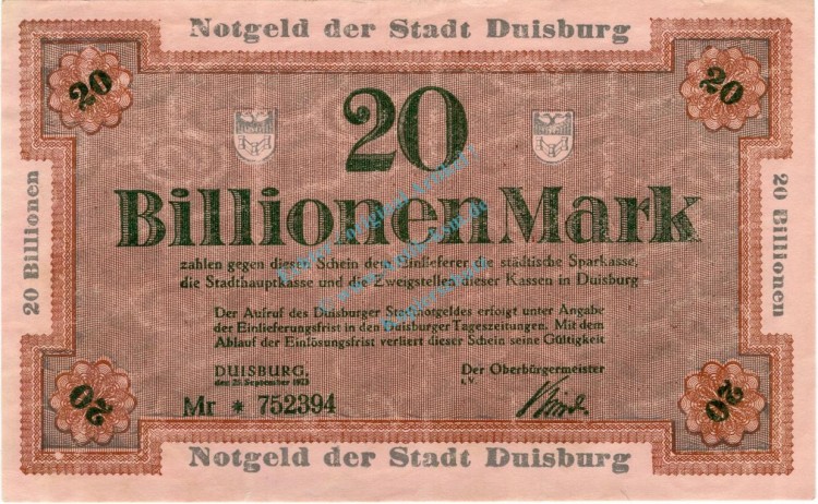 Duisburg , Banknote 20 Billionen Mark Schein unc-kfr. Keller 1179.r , Rheinland 1923 Inflation