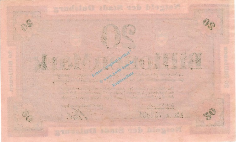Duisburg , Banknote 20 Billionen Mark Schein unc-kfr. Keller 1179.r , Rheinland 1923 Inflation