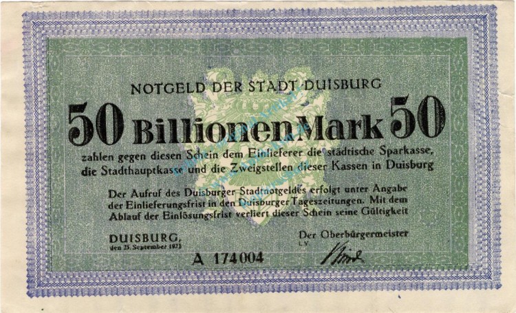 Duisburg , Banknote 50 Billionen Mark Schein unc-kfr. Keller 1179.s , Rheinland 1923 Inflation