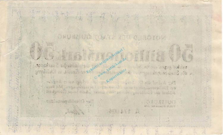 Duisburg , Banknote 50 Billionen Mark Schein unc-kfr. Keller 1179.s , Rheinland 1923 Inflation