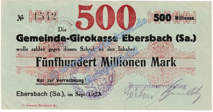Ebersbach , Banknote 500 Millionen Mark Schein in kfr. Keller 1213.e , Sachsen 1923 Grossnotgeld Inflation