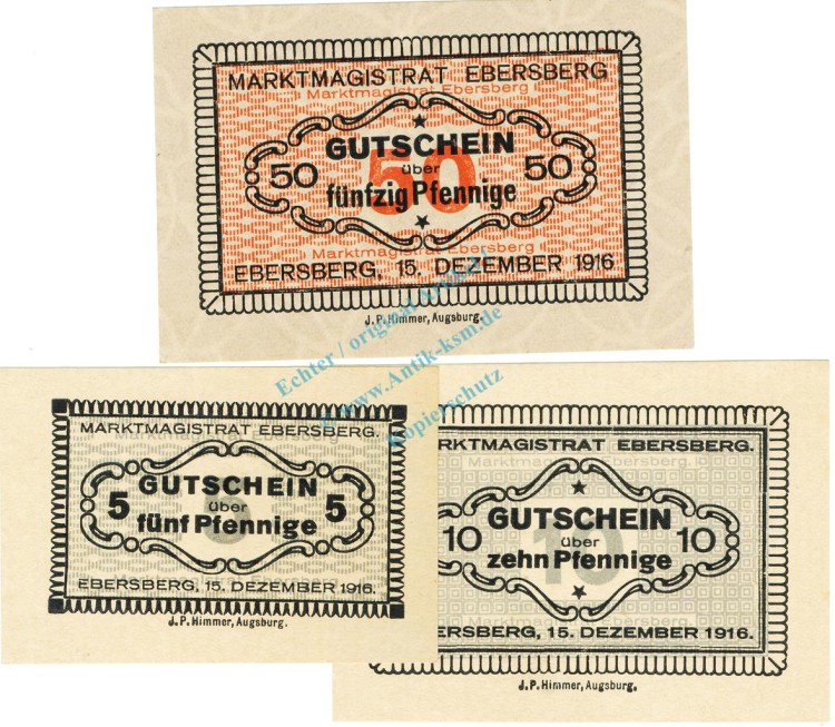 Ebersberg , Notgeld Set mit 3 Scheinen unc-kfr. Ti.1560.05.15-17 , Bayern 1916 Verkehrsausgabe