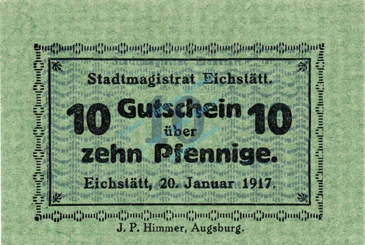 Eichstätt , Notgeld 10 Pfennig Schein unc-kfr. Ti.1605.05.06 , Bayern 1917 Verkehrsausgabe