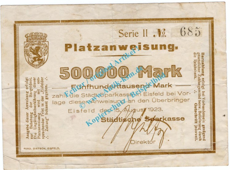 Eisfeld , Notgeld 500.000 Mark Schein in gbr. Keller 1290.b , Thüringen 1923 Inflation