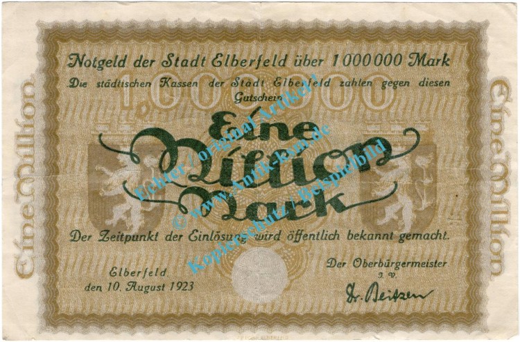 Elberfeld , Notgeld 1 Million Mark Schein in gbr. Keller 1294.d , Rheinland 1923 Inflation
