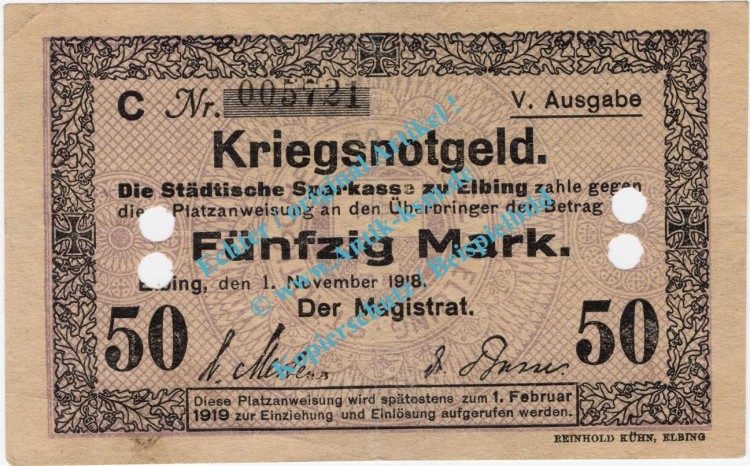 Elbing , Notgeld 50 Mark Schein in gbr.E Geiger 126.18.a , Westpreussen 1918 Grossnotgeld