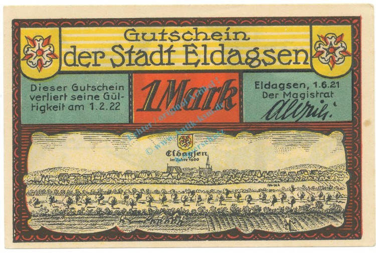 Eldagsen , Notgeld 1 Mark Schein Nr.1 unc-kfr. M-G 327.1 , NDS 1921 Seriennotgeld -5783-