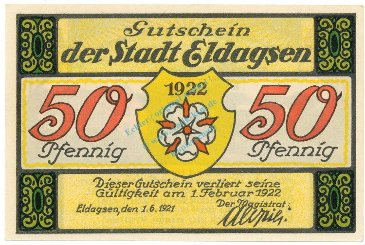 Eldagsen , Notgeld 50 Pfennig Schein unc-kfr. M-G 327.1 , NDS 1921 Seriennotgeld -5781-