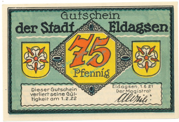 Eldagsen , Notgeld 75 Pfennig Schein unc-kfr. M-G 327.1 , NDS 1921 Seriennotgeld -5782-