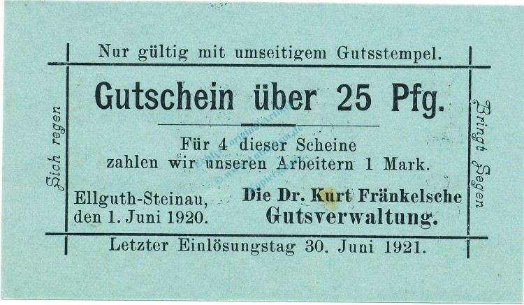 Ellguth-Steinau , Notgeld 25 Pfennig Schein unc-kfr. Ti.1665.05.25 , Schlesien 1920 Verkehrsausgabe