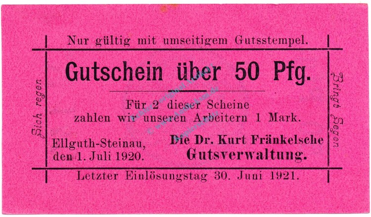 Ellguth-Steinau , Notgeld 50 Pfennig Schein unc-kfr. Ti.1665.05.30 , Schlesien 1920 Verkehrsausgabe