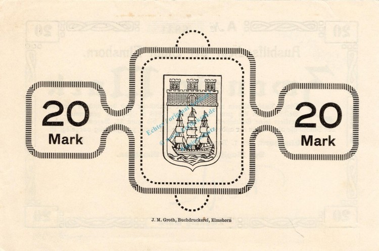 Elmshorn , Banknote 20 Mark Schein unc-kfr.E Geiger 127.02.a , Schleswig Holstein 1918 Großnotgeld