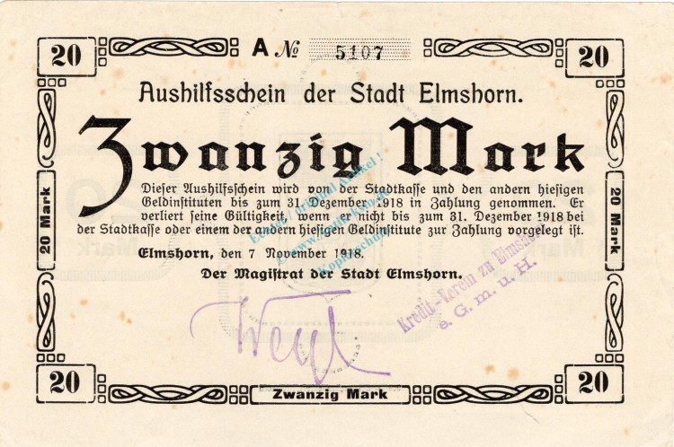 Elmshorn , Banknote 20 Mark Schein unc-kfr. Geiger 128.02.c , Schleswig Holstein 1918 Großnotgeld