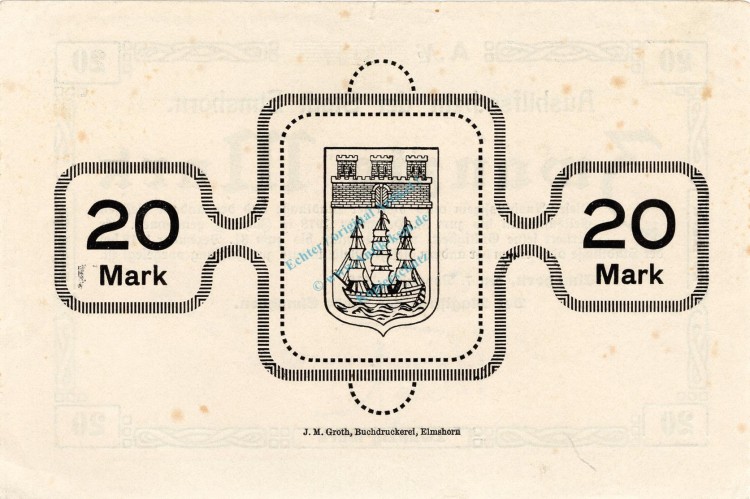 Elmshorn , Banknote 20 Mark Schein unc-kfr. Geiger 128.02.c , Schleswig Holstein 1918 Großnotgeld