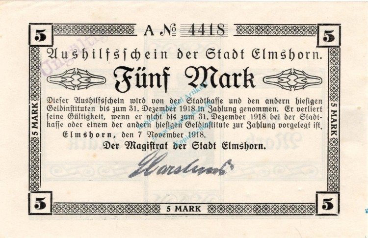 Elmshorn , Banknote 5 Mark Schein unc-kfr.E Geiger 127.01.a , Schleswig Holstein 1918 Großnotgeld