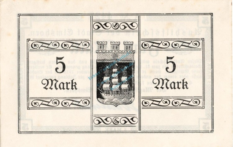 Elmshorn , Banknote 5 Mark Schein unc-kfr.E Geiger 127.01.a , Schleswig Holstein 1918 Großnotgeld
