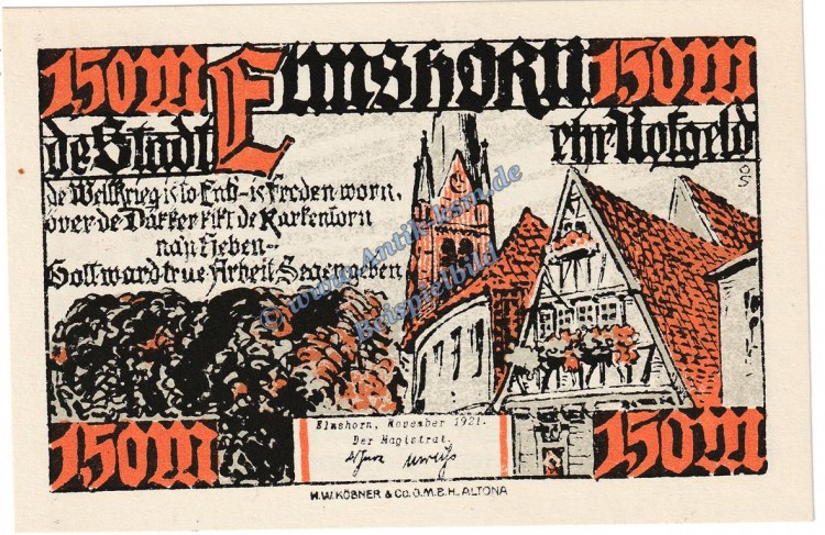 Elmshorn , Notgeld 1,50 Mark Schein in kfr. M-G 1333.1 , Schleswig Holstein 1921 Seriennotgeld