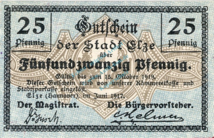 Elze , Notgeld 25 Pfennig Schein unc-kfr. Ti.1690.05.02 , Niedersachsen 1917 Verkehrsausgabe