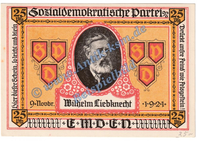 Emden , Notgeld 25 Pfennig -Liebknecht- in kfr. M-G 336.1 Seriennotgeld 1921 Niedersachsen
