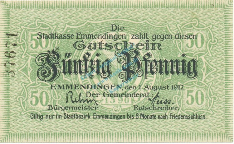 Emmendingen , Notgeld 50 Pfennig Schein unc-kfr. Ti.1705.05.10 , Baden 1917 Verkehrsausgabe
