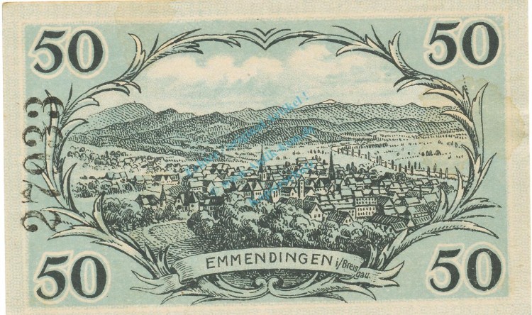 Emmendingen , Notgeld 50 Pfennig Schein unc-kfr. Ti.1705.05.40 , Baden 1921 Verkehrsausgabe