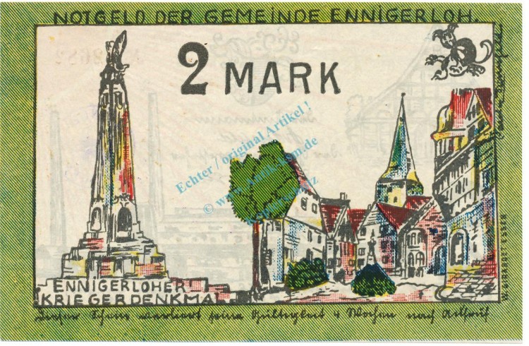 Ennigerloh , Notgeld 2 Mark -Stempel- unc-kfr. M-G 338.2.c , NRW 1921 Seriennotgeld -5756-