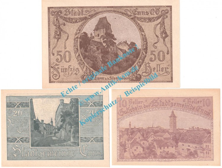 Enns , Notgeld Set mit 3 Scheinen in kfr. K-K 174.II.a , Oberösterreich o.D.