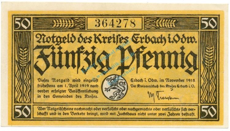 Erbach , Notgeld 50 Pfennig Schein unc-kfr. Ti.1735.05.... Hessen 1918 Verkehrsausgabe
