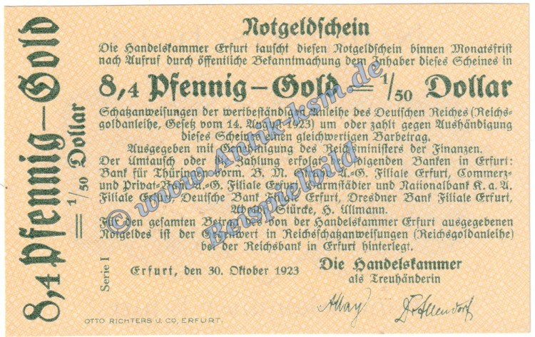 Erfurt , 8,4 Pfennig Gold Notgeld Schein in kfr. Müller 1585.3 Wertbeständig 1923 Thüringen