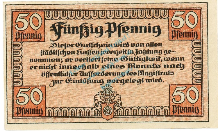 Erfurt , Notgeld 50 Pfennig Schein unc-kfr. Ti.1755.105.05 , Thüringen 1918 Verkehrsausgabe