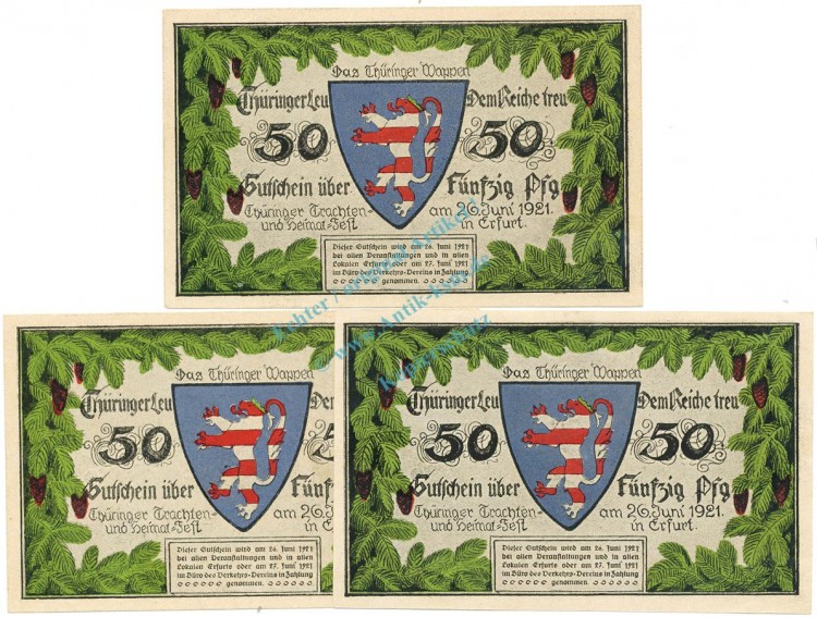 Erfurt , Notgeld Set 3 Scheine -o.Drfa- unc-kfr. M-G 345.2.B , TH 1921 Seriennotgeld -5791-