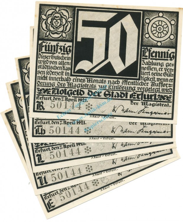 Erfurt , Notgeld Set 5 Scheine -Nummerngleich- unc-kfr. M-G 344.2 , TH 1921 Seriennotgeld -5789-