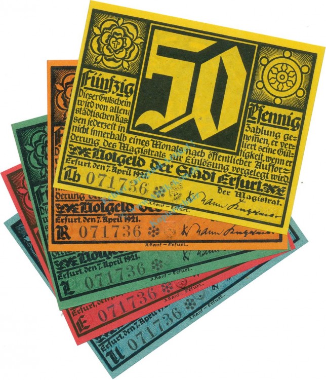 Erfurt , Notgeld Set 5 Scheine -Nummerngleich- unc-kfr. M-G 344.4 , TH 1921 Seriennotgeld -5790-
