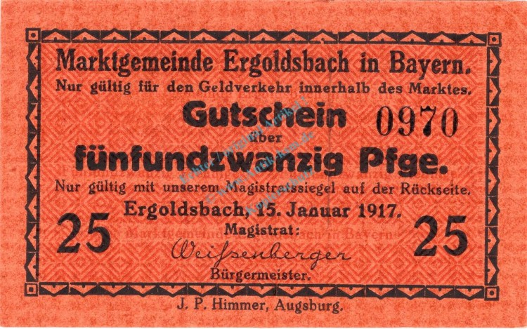 Ergoldsbach , Notgeld 25 Pfennig Schein unc-kfr. Ti.1760.05.10 , Bayern 1917 Verkehrsausgabe