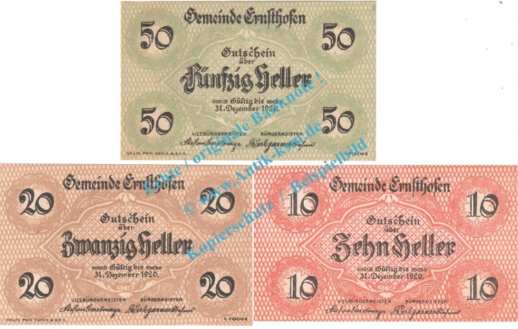Ernsthofen , Notgeld Set mit 3 Scheinen in kfr. K-K 184... Niederösterreich o.D.