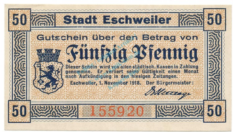 Eschweiler , Notgeld 50 Pfennig Schein unc-kfr. Ti.1790.05.06 , Rheinland 1918 Verkehrsausgabe