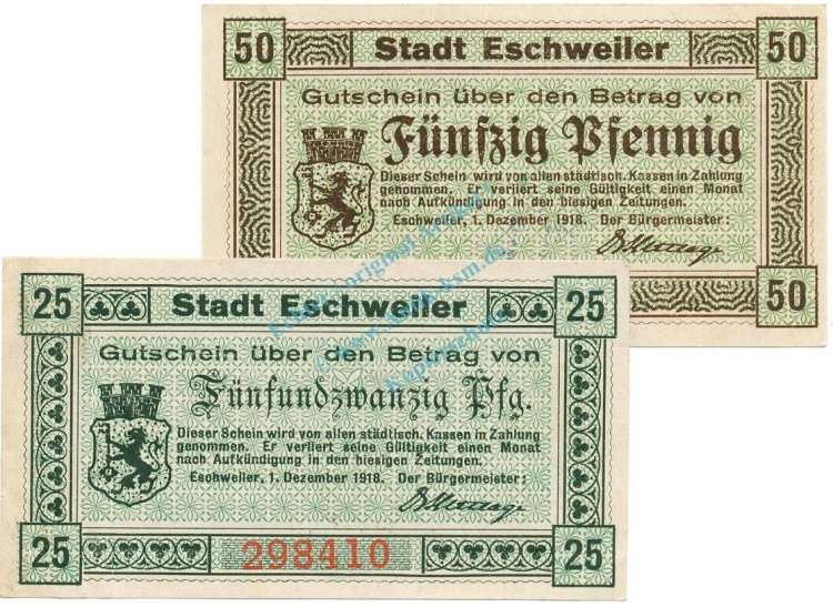 Eschweiler , Notgeld Set mit 2 Scheinen unc-kfr. Ti.1790.05.10-11 , Rheinland 1918 Verkehrsausgabe