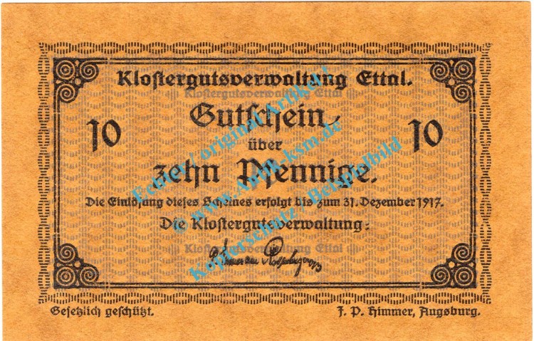 Ettal , Notgeld 10 Pfennig Schein in kfr. Tieste 1810.05.04 , Bayern o.D. Verkehrsausgabe