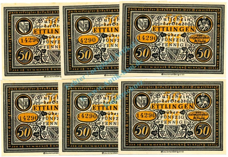 Ettlingen , Notgeld Set 6 Scheine -Nummerngleich- unc-kfr. M-G 355... BW 1921 Seriennotgeld -5792-