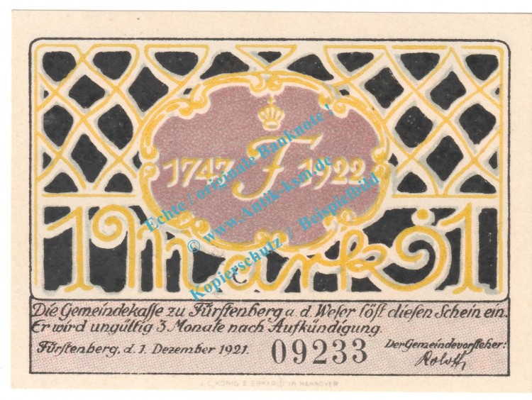 Fürstenberg a.d.W , Notgeld 1 Mark Schein in kfr. M-G 401.1 , Niedersachsen 1921 Seriennotgeld