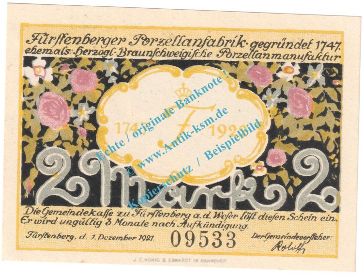 Fürstenberg a.d.W , Notgeld 2 Mark Schein in kfr. M-G 401.1 , Niedersachsen 1921 Seriennotgeld