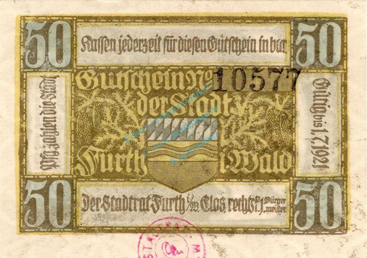 Fürth i.W. Notgeld 50 Pfennig Schein unc-kfr. Ti.2095.05.11 , Bayern 1920 Verkehrsausgabe
